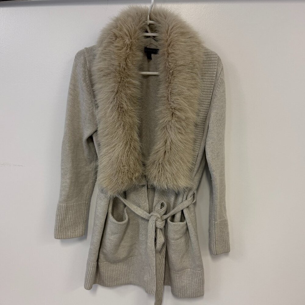 Banana Republic Gray Wool Cardigan Sweater Tie Waist & Removable Faux Fur Collar